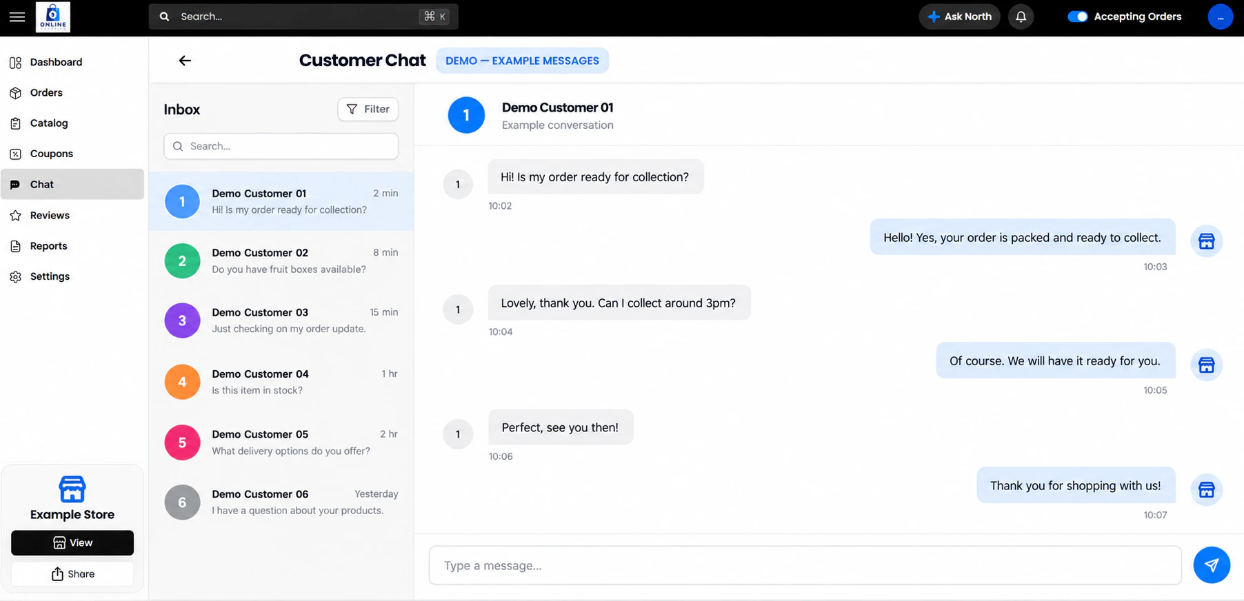 Demonstration customer chat. All displayed messages and identities are fictional.