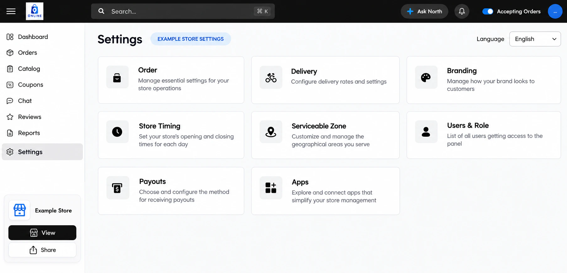 Example merchant settings screen. Available controls depend on the store setup.