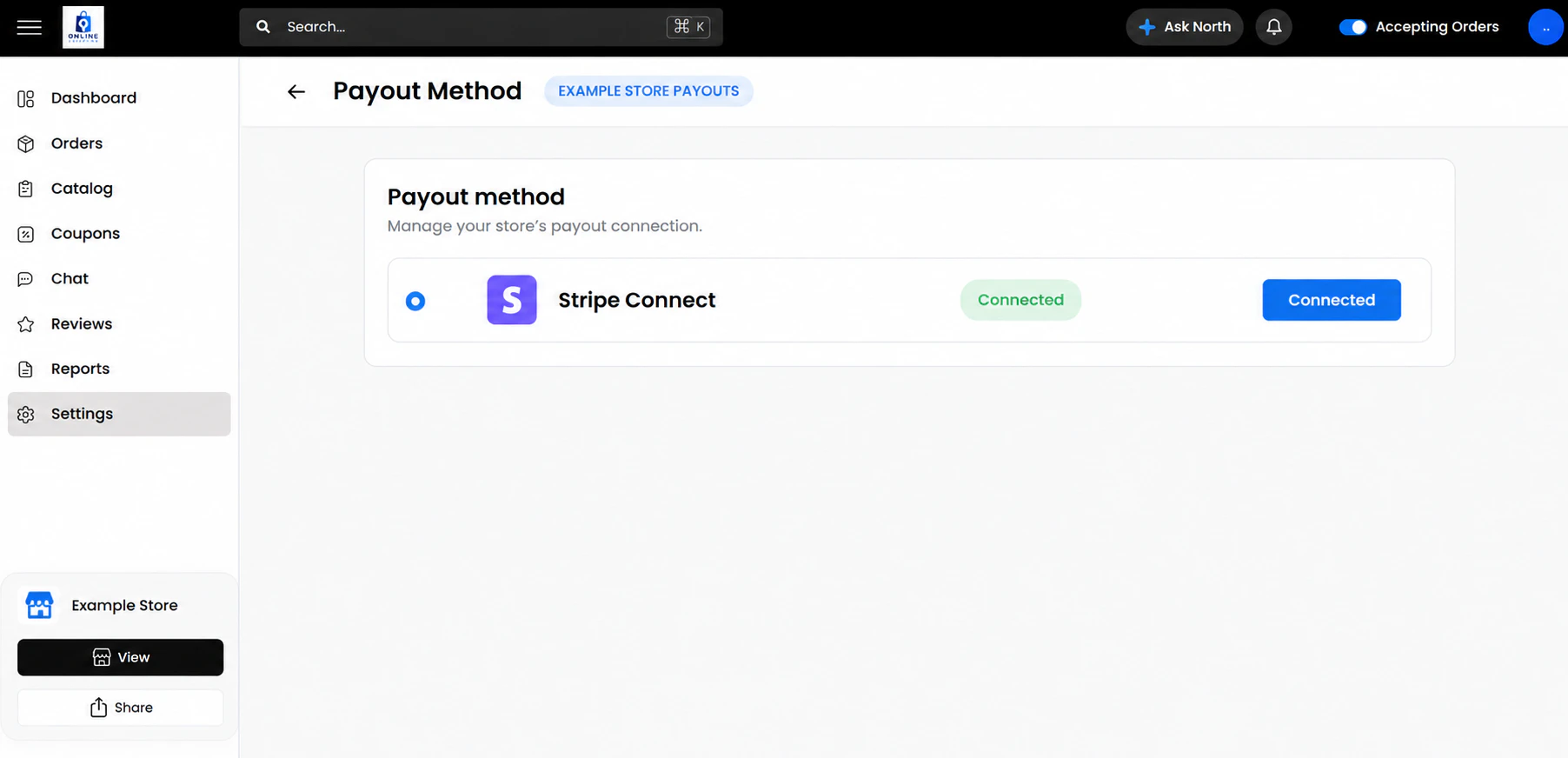 Example payout connection screen. Business payouts are made every Wednesday.