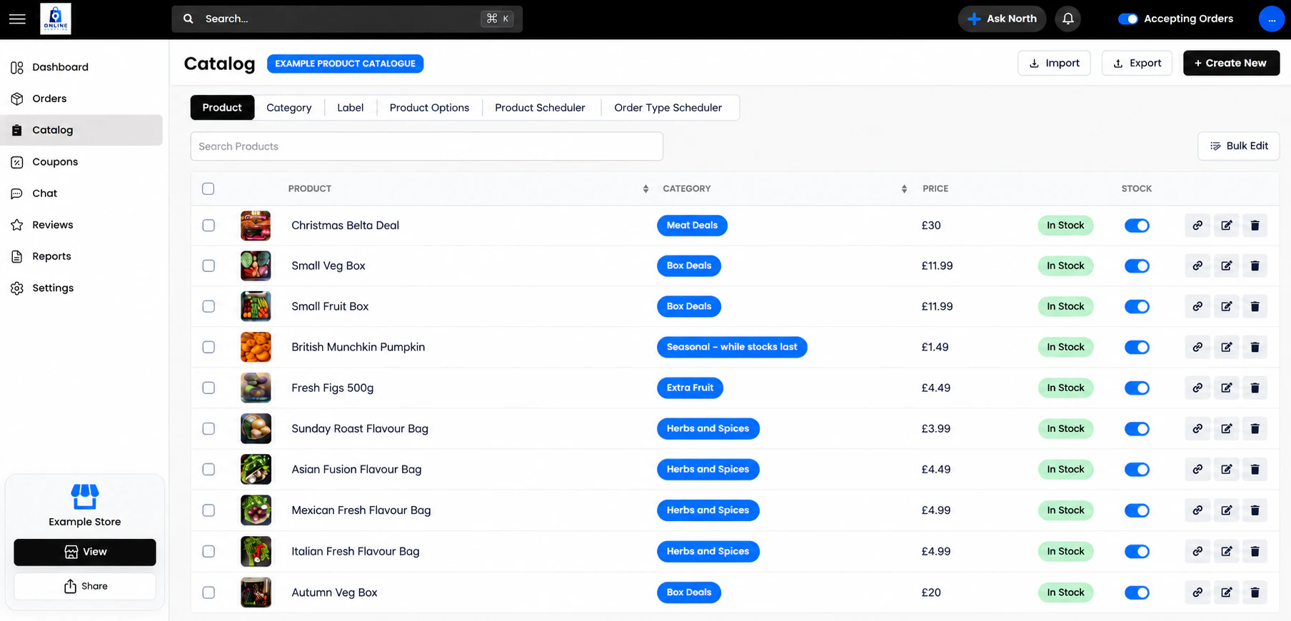 Example catalogue showing product images, categories, prices and availability.